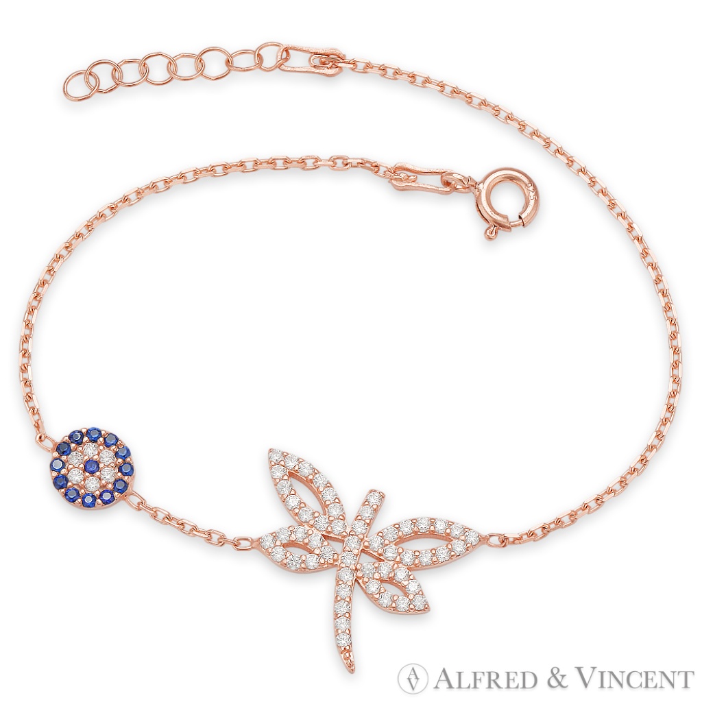 Dragonfly & Evil Eye Nazar Charm Bracelet Cz Crystals In .925 Sterling Silver